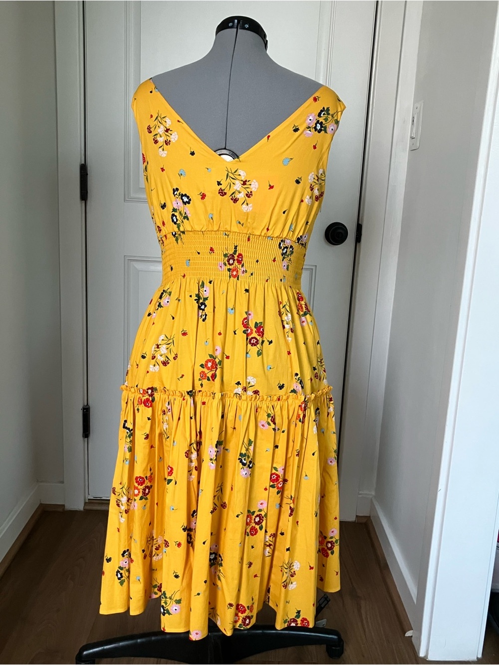 kate spade Yellow Floral Smocked Midi Dress with Boat Neck - Picture 3 of 4